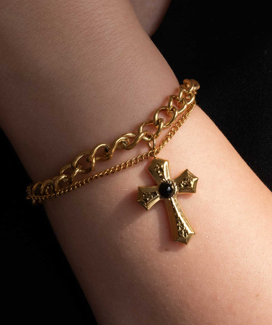 Black Agate Cross Charm Double Chain Bracelet