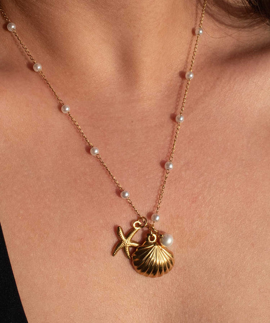 Pearl Starfish Seashell Pendant Necklace